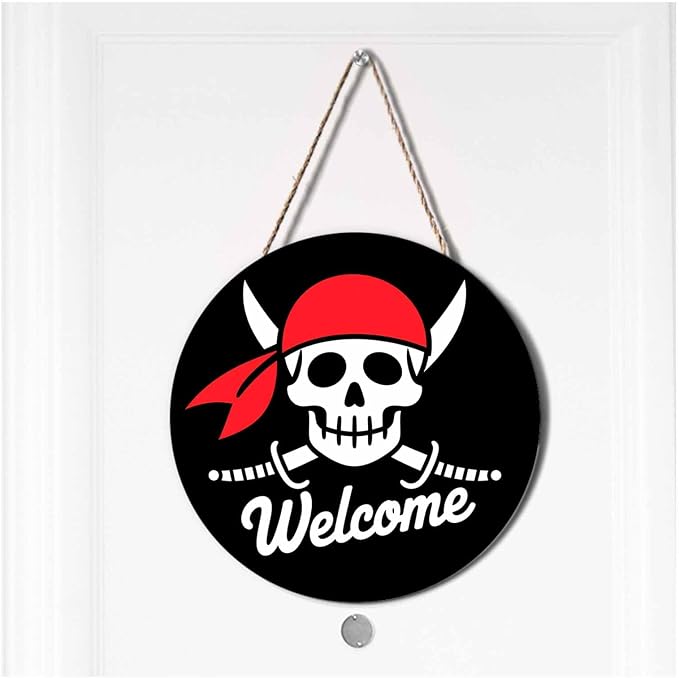 Pirate Flag Welcome Wreaths For Front Door, Jolly Roger Skull Crossed Bones Welcome Sign Wooden Door Hanger Signs Front Door Wreath Wall Decor Party Office Home Hotel Garden Balcony