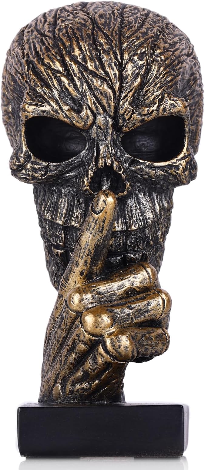 Black Gold Speak No Evil Skull Head Sculpture–Gothic Halloween Figurine with Skeleton Head Design | Resin Bronze Skull Statue for Mantel Accents,Dark Academia Home/Office Decor & Living Room Bookshelf - skull figurine