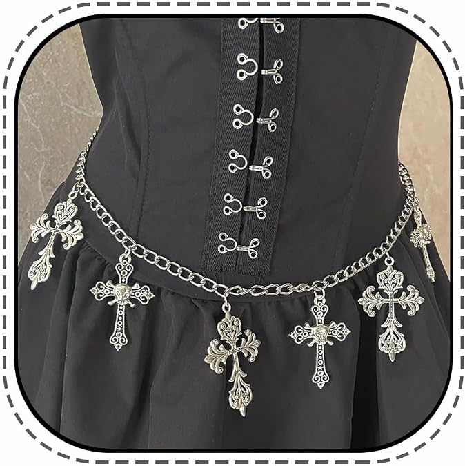 Cross Moon Waist Chain Belt - Punk Gothic Crossover Body Belly Chains Tassel for Women Girl (Silver) - skull wallet