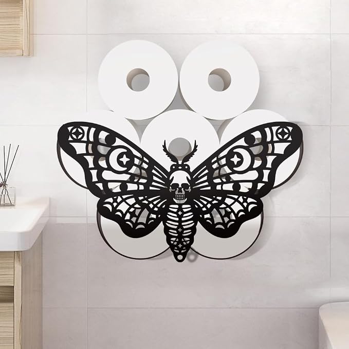 WADORN Skull Moth Metal Toilet Paper Holder, Skeleton Butterfly Decorative Toilet Paper Storage for Extra 8 Rolls Funny Freestanding Vintage Decor Paper Roll Organizer for Farmhouse Bathroom Cabinet
