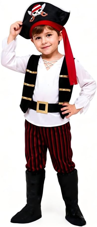XXLOG Kids 5-Piece Pirate Costume Halloween Outfit Hat Belt Boot Covers - skull wallet
