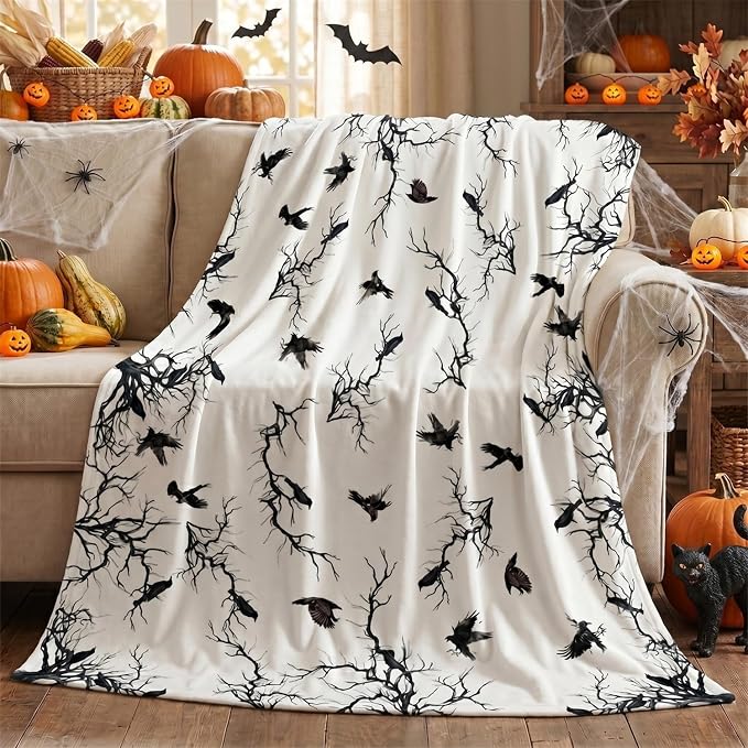 Horaldaily Halloween Crow Tree Flannel Throw Blanket 50x60 - skull blanket
