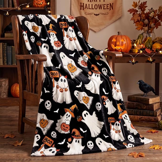 Horaldaily Halloween Black Ghost Pumpkin Skulls Flannel Throw Blanket 50x60 - skull blanket