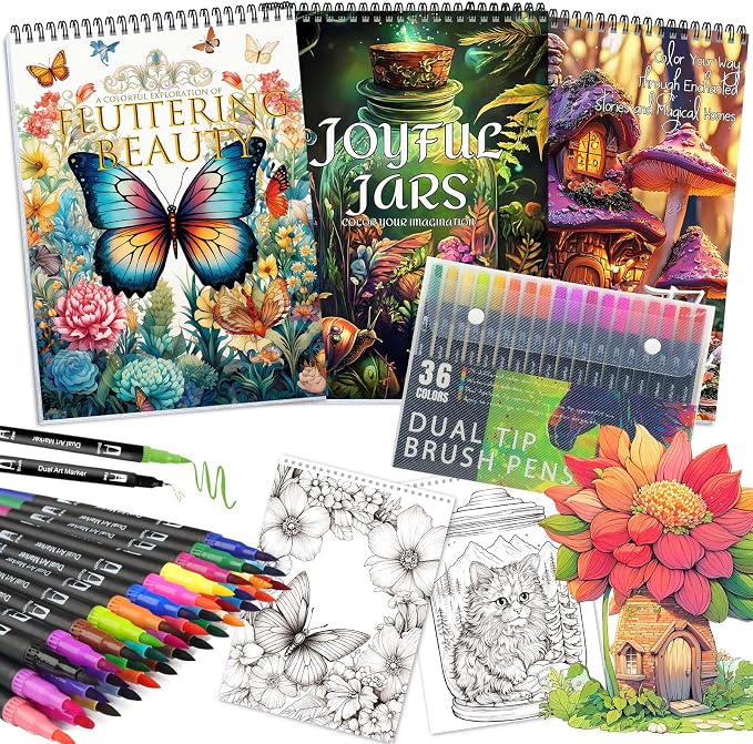 Apolyone Adult Coloring Book with 36 Dual Tip Markers Set with 72 Patterns - sugar skull book