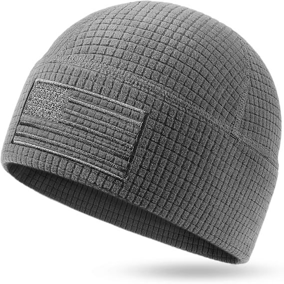 OUTDOOR SHAPING Grid Fleece Beanie with American Flag Embroidery Waffle Skull Cap - skull watch
