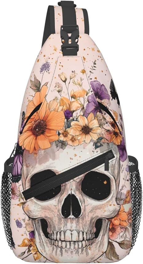 Sling Bag for Men Women Skull Butterfly Flower Witch Crossbody Backpack Casual Hiking Daypack for Travel Sport Running Chest Bag - skull suitcase