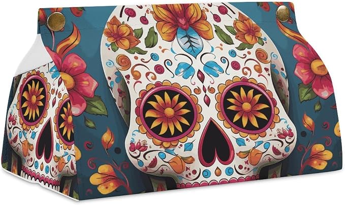 Modern PU Leather Square Holder Tissue Box Cover Colorful Sugar Skull Decorative Organizer for Tabletop, Bathroom, Car, Office - skull toilet paper