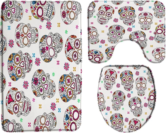 3 Piece Bathroom Rug Set Sugar Skull Halloween Gothic Skeleton Floral Mexican Day of The Dead Horror Boho Flower Memory Foam Bath Mat Toilet Lid Cover U Shape Mat - skull toilet rug