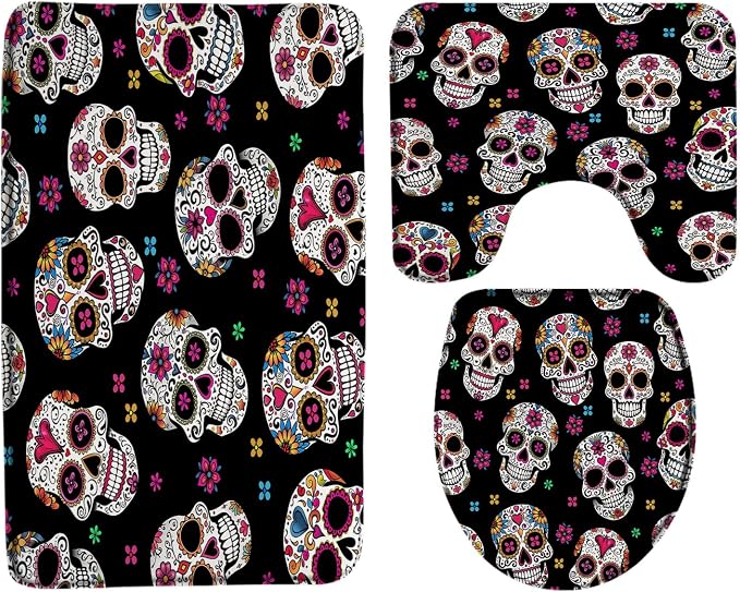 3 Piece Bathroom Rug Set Sugar Skull Halloween Gothic Skeleton Floral Mexican Day of The Dead Horror Boho Flower Memory Foam Bath Mat Toilet Lid Cover U Shape Mat - skull toilet mat