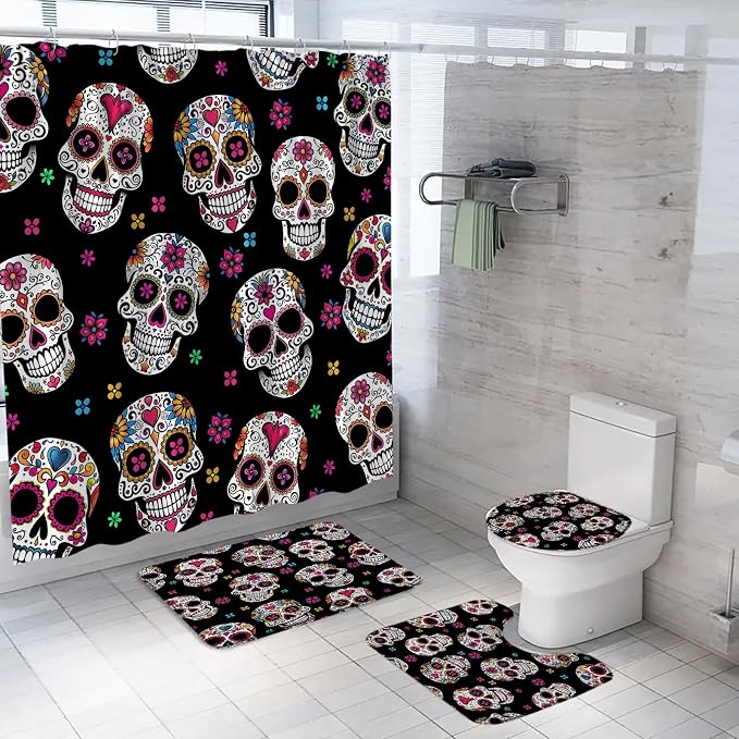 4Pcs Shower Curtain Set Sugar Skull Bathroom Set with Rugs Halloween Gothic Skeleton Floral Mexican Day of The Dead Horror Bathroom Decor (Bath Mat,U Shape and Toilet Lid Cover Mat) and 12 Hooks - skull toilet mat