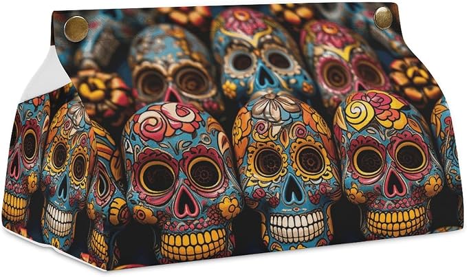 Modern PU Leather Square Holder Tissue Box Cover Colorful Sugar Skulls Decorative Organizer for Tabletop, Bathroom, Car, Office - skull toilet paper