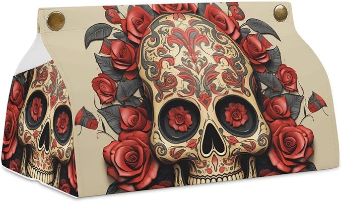 Modern PU Leather Square Holder Tissue Box Cover Red Rose Sugar Skull Decorative Organizer for Tabletop, Bathroom, Car, Office - skull toilet paper