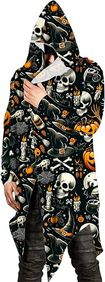 Poriff Mens Long Hooded Cardigan Long Sleeve Thin Cardigans Ruffle Shawl Collar Lightweight Drape Cape Overcoat Pockets - skull jacket