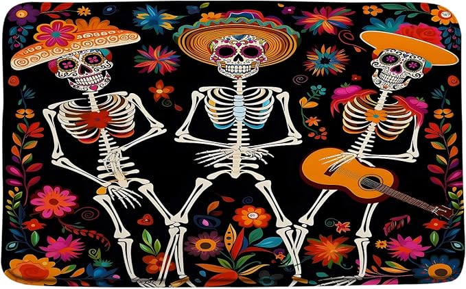 Sugar Skull Bath Mat Funny Dancing Skeleton Gothic Halloween Mexican Day of The Dead Colorful Floral Microfiber Memory Foam Bathroom Decor Rugs for Kitchen Bedroom - skull toilet mat