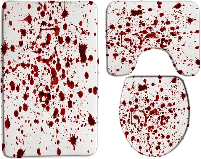 3 Piece Blood Halloween Bath Mat Set Horror Red Splash Ghost Bloody Spooky Scary Bathroom Rug Sets,16"x24"Bath Mat,Toilet Seat Cover,U-Shaped Toilet Rug - skull toilet mat