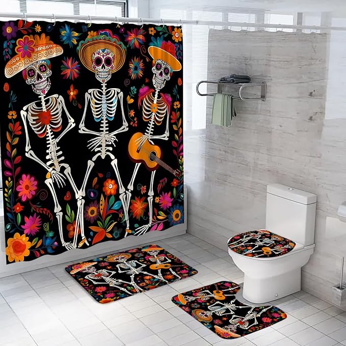 4Pcs Shower Curtain Set Sugar Skull Bathroom Set with Rugs Funny Dancing Skeleton Gothic Halloween Mexican Day of The Dead Bathroom Decor (Bath Mat,U Shape and Toilet Lid Cover Mat) and 12 Hooks - skull toilet mat