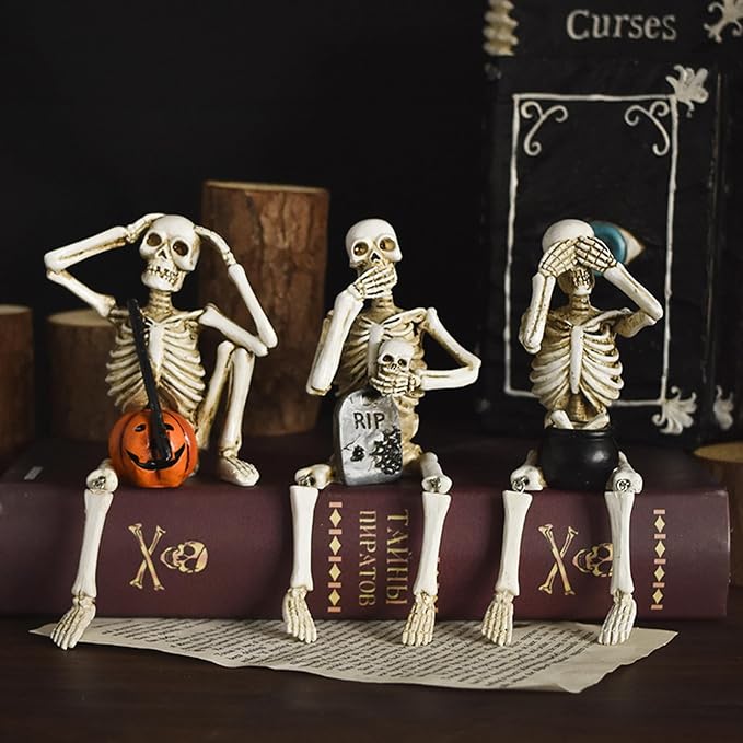 Set of 3 Skeleton Statues, Horror Skull Halloween Resin Decor, See/Hear/Speak no Evil Collectible Figures Home Decoration - skull figurine
