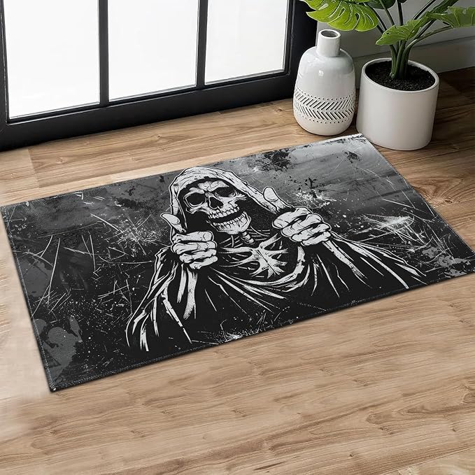 Gothic Thumbs up Skull Indoor Door Mat,Cool Skeleton Doormat, 29.5x17in Non-Slip Rubber Backing Floor Mat,Entry Rug,for Living Room,Office,Kitchen,Entryway Doorways Mats Decor,Doormats Gifts - skull floor mat