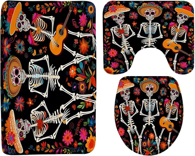 3 Piece Bathroom Rug Set Sugar Skull Funny Dancing Skeleton Gothic Halloween Mexican Day of The Dead Colorful Floral Memory Foam Bath Mat Toilet Lid Cover U Shape Mat - skull toilet mat