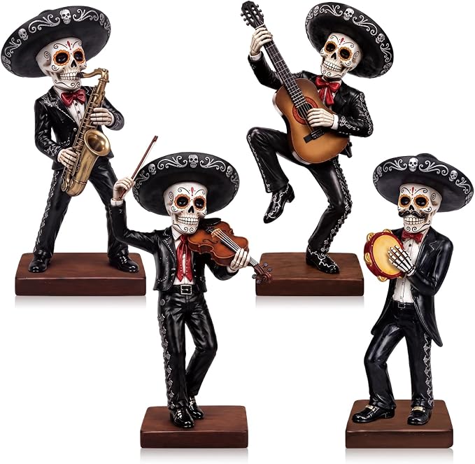DoubleFill 4 Pcs Skeletons Statue Mariachi Band Figurines Tabletop Decor - skull figurine