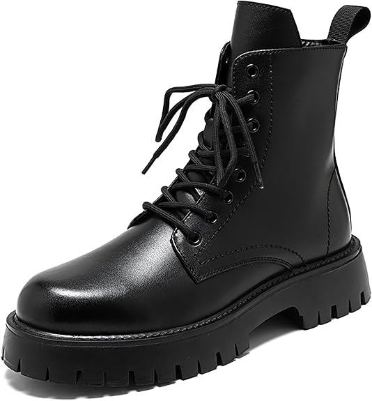 Men'S Black Patent Leather Platform Combat Boots Fashion Side Zipper Wide Toe Lace Up Chunky Lug Sole High Top Motorcycle Boots Comfort Waterproof Non-Slip Casual Ankle Booties - sugar skull costume