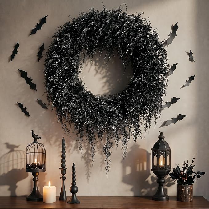 Yunlly 25" Dark Green Halloween Wreath for Front Door, Gothic Style - skull wreath