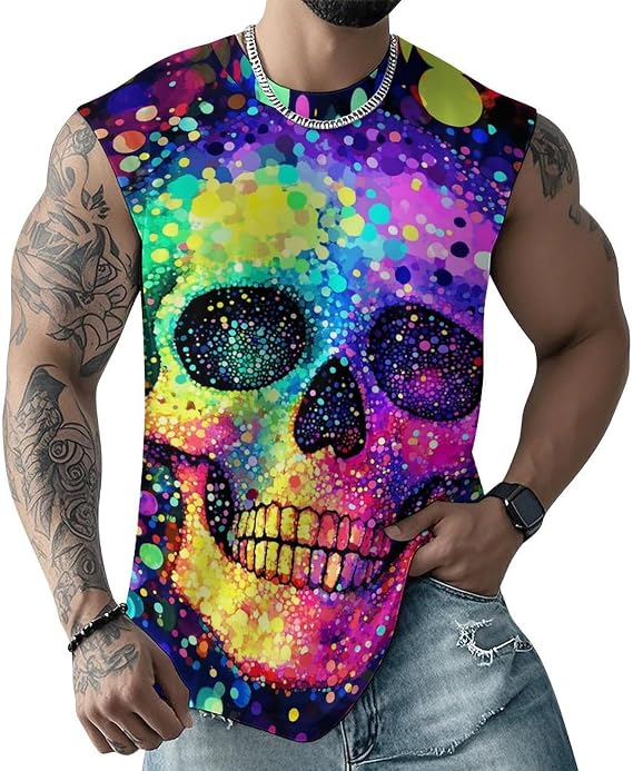 Mens Skull Print Tank Top 3D Graphic Sleeveless T Shirts Moisture Wicking Summer Gym Muscle Shirts - skull tank tops