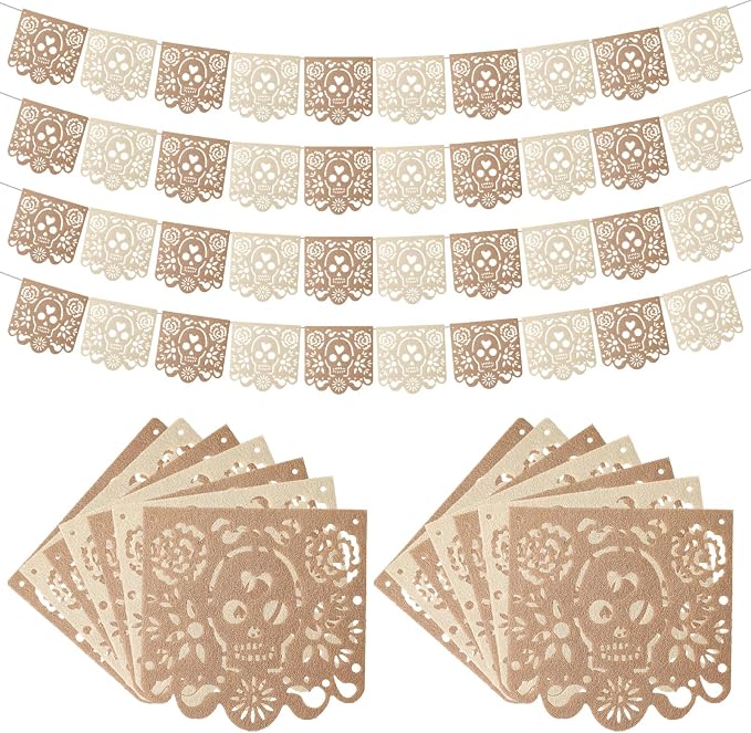 SmoothNovelty 4 Pcs Papel Picado Banner 40 ft Felt White Brown Banners - skull carpet