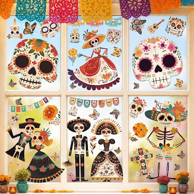 Dia De Los Muertos Decorations Window Clings Day of The Dead Stickers Decor - skull sticker
