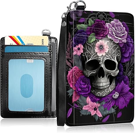 Leather Slim Wallet for Men Women – RFID Blocking Front Pocket Wristlet Lanyard,Small Credit Card Holder Wallets ID Window Card Organizer Gifts,Purple Skull