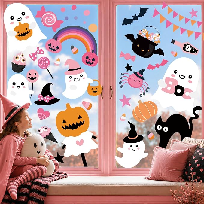 Pink Halloween Window Clings Stickers Decor for Kids Cute Decal Decorations - skull sticker