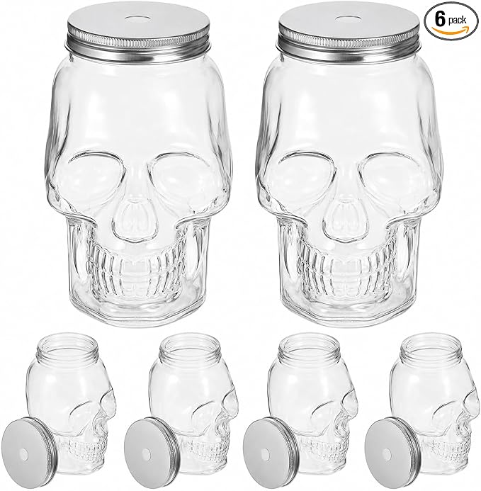 VICASKY 6pcs Skull Shaped Halloween Beverage Bottles with Lids, Skull Jar - skull bottle