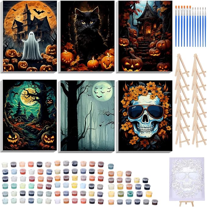 Honoson 6 Pcs Halloween DIY Paint by Number Kits for Adults