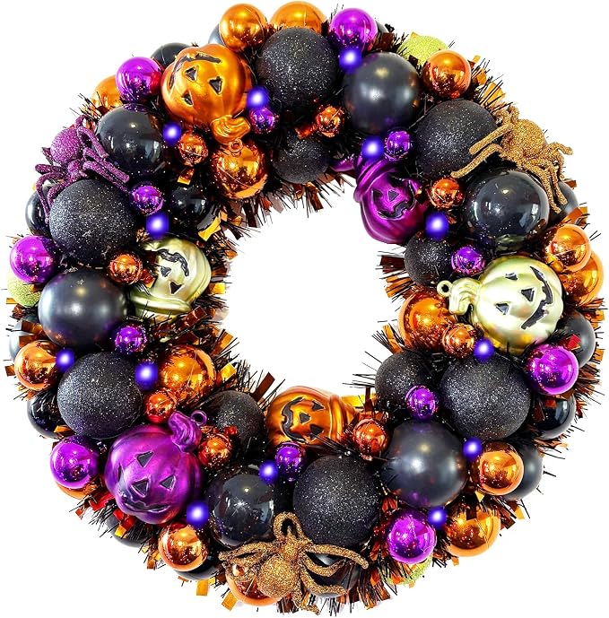 HipTree 13.8 Inch Halloween Ball Wreath for Front Door with Lights