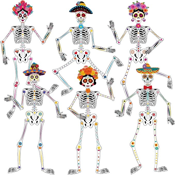 WinnerWhy 6 Pcs 51" Jointed Skeletons Day of the Dead Hanging Decor - sugar skull ornament