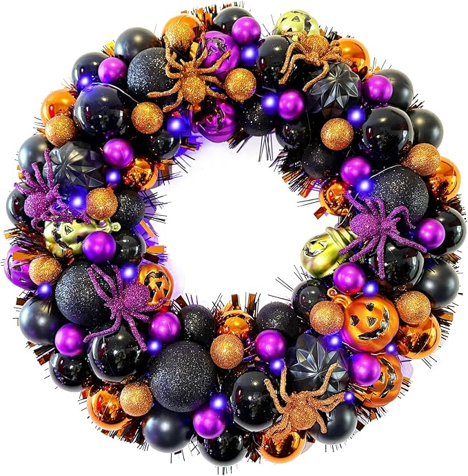 HipTree 17 Inch Halloween Ball Wreath for Front Door with Lights - skull wreath