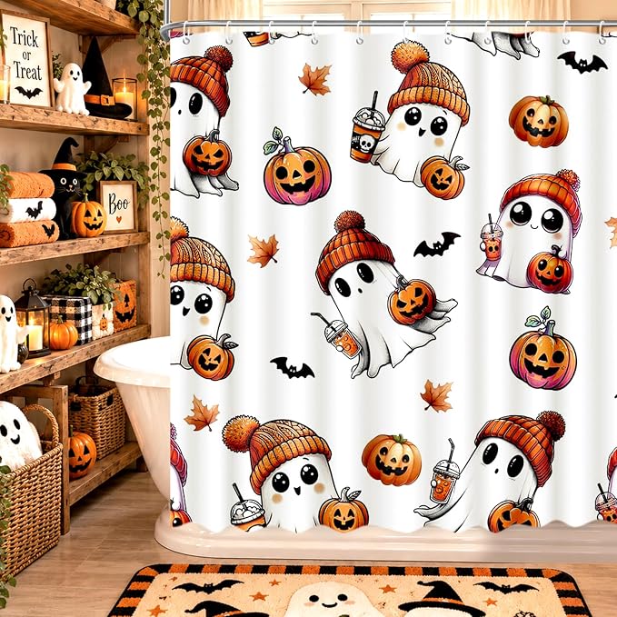 MEHOFOND Halloween Shower Curtain, Cute Ghost Bathroom Decor 72x72in