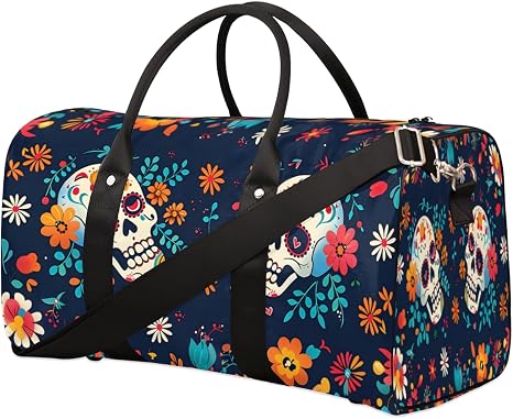 Travel Duffel Bag Colorful Mexican Skull Flower Sport Tote Gym Bag Waterproof Foldable Carryon Weekend Overnight Training Handbag Sports Duffle Bags for Women Men Boys Girls - skull suitcase