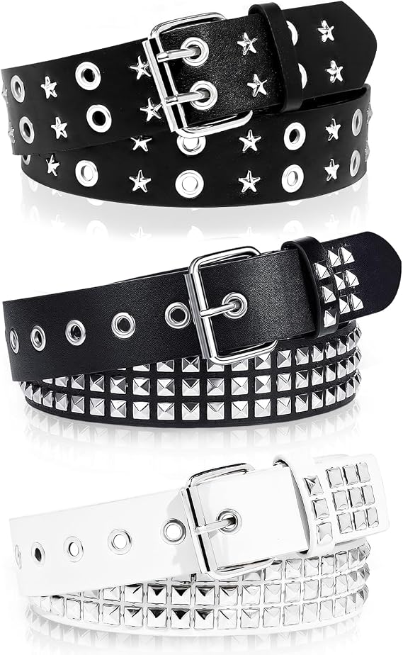 Black Studded Belt, 3 Pcs Y2K Belt Star Goth EMO Punk Rock Double Grommet with Bright Pyramid Studded for Women Men - skull wallet
