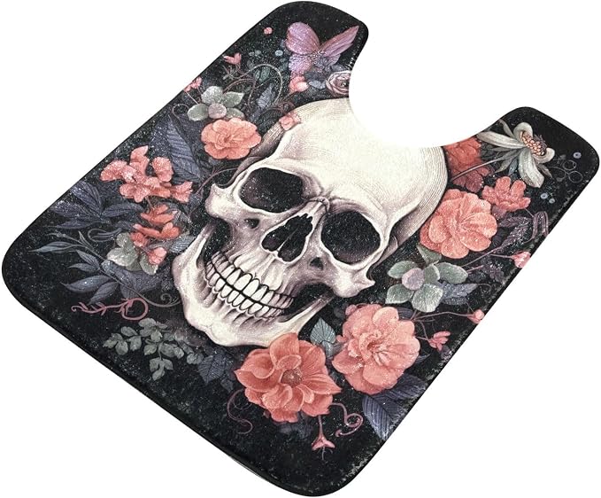Floral Sugar Skull Toilet Bath Rug U-Shaped 24" x 20" Non Slip Super Absorbent Contour Bathroom Mats Quick Dry Fluffy Rugs - skull toilet mat