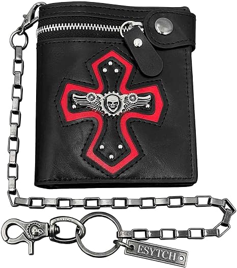 Gothic Red Cross Wallet Wing Skull Steampunk Purse with Chain Men - skull wallet