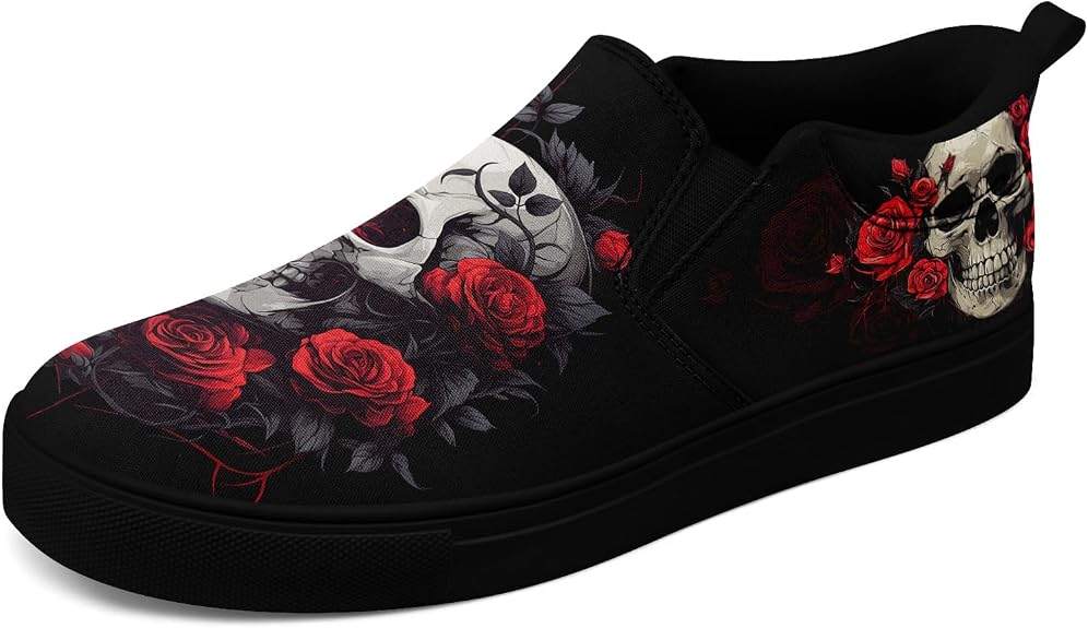Women's Gothic Skull Slip Ons Sneakers Elastic Canvas Casual Loafers Rock &Punk Low Top Walking Shoes for Men - sugar skull boots