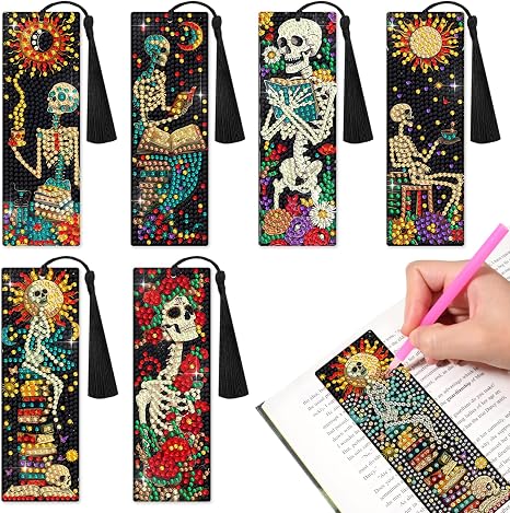 6 PCS Diamond Art Kits Bookmarks Diamond Painting Kit Book Mark, Handmade DIY Skeleton Diamond Art Skull Gem Art Acrylic Tassel Bookmarks for Women Adults, Craft Kits Gift Set for Book Lovers - skull painting