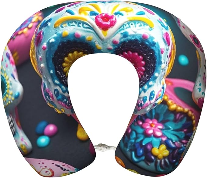 Neck Pillow U Shape Travel Pillow Comfortable Memory Foam Airplane Pillow for Head Support Sugar Skulls Travel Neck Pillows for Sleeping Support Pillow for Camping Trains Self-Driving Cars Office - skull inflatable