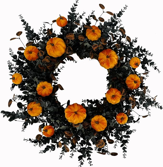 WreathDream 22" Halloween Wreath for Front Door Halloween Door Wreath with Pumpkins,Bronze and Black eucalptus Leaves for Front Door Indoor Outdoor Farmhouse Home Wall Window Festival Wedding Decor - skull wreath