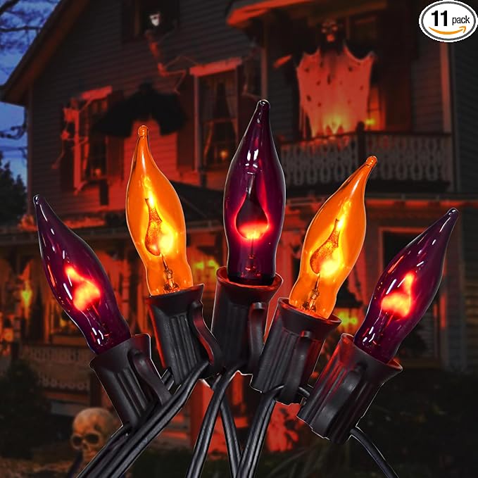 Orange and Purple Halloween Lights Outdoor - 12.8Ft Purple Orange Flickering String Lights with Fake Flame Twinkle Flame String Lights for Fall Halloween Decorations for Home Mantel Yard Party, 1W - string light