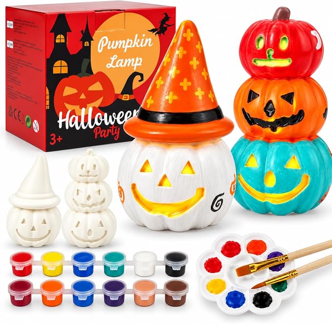 HAPMARS Pumpkin Painting Kit for Kids, Halloween Craft Pumpkin Decorating Kit with 2 Designs, Arts Activities Party Supplies for Kids, Halloween Painting Crafts DIY Coloring Pumpkin Decor School Game - skull painting