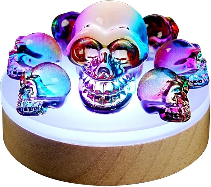 Crystal Skull Night Light with K9 Rainbow Skull , RGB LED Lighting &Wood color design Base Gift Box 7 Vibrant Color Changes,Gift for Halloween, Christmas, and Home Decor 6+1 Rainbow Crystal Skull - skull lamp