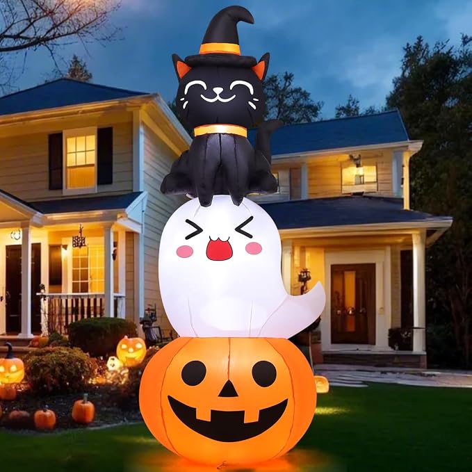 COMIN 6 FT Halloween Inflatables Pumpkin Ghost Cat Combo Outdoor Decorations Blow Up Yard with Built-in LEDs for Indoor Party Garden Lawn Decor - skull inflatable