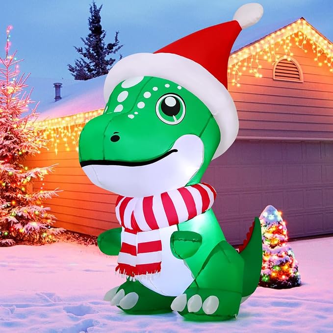GOOSH 5 FT Christmas Inflatables Dinosaur Outdoor Decorations Blow Up T Rex with Xmas Hat Yard Decorations with Built-in LED Lights for Garden Lawn Indoor Party Décor - skull inflatable